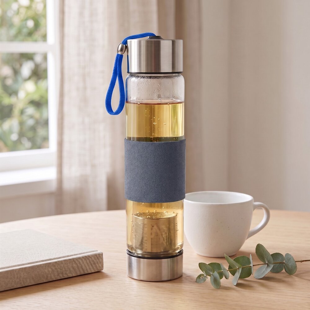 Garrafa de Vidro com Infusor de Chá 450ml Azul