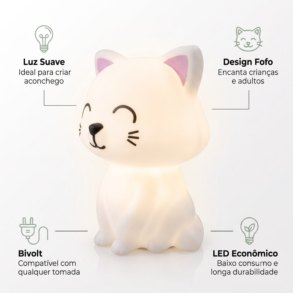 Luminária Gatinho Abajur Decorativo Quarto Infantil