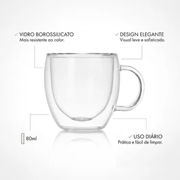 Xícara 80ml Vidro Borossilicato Linha Elegance Café Chá