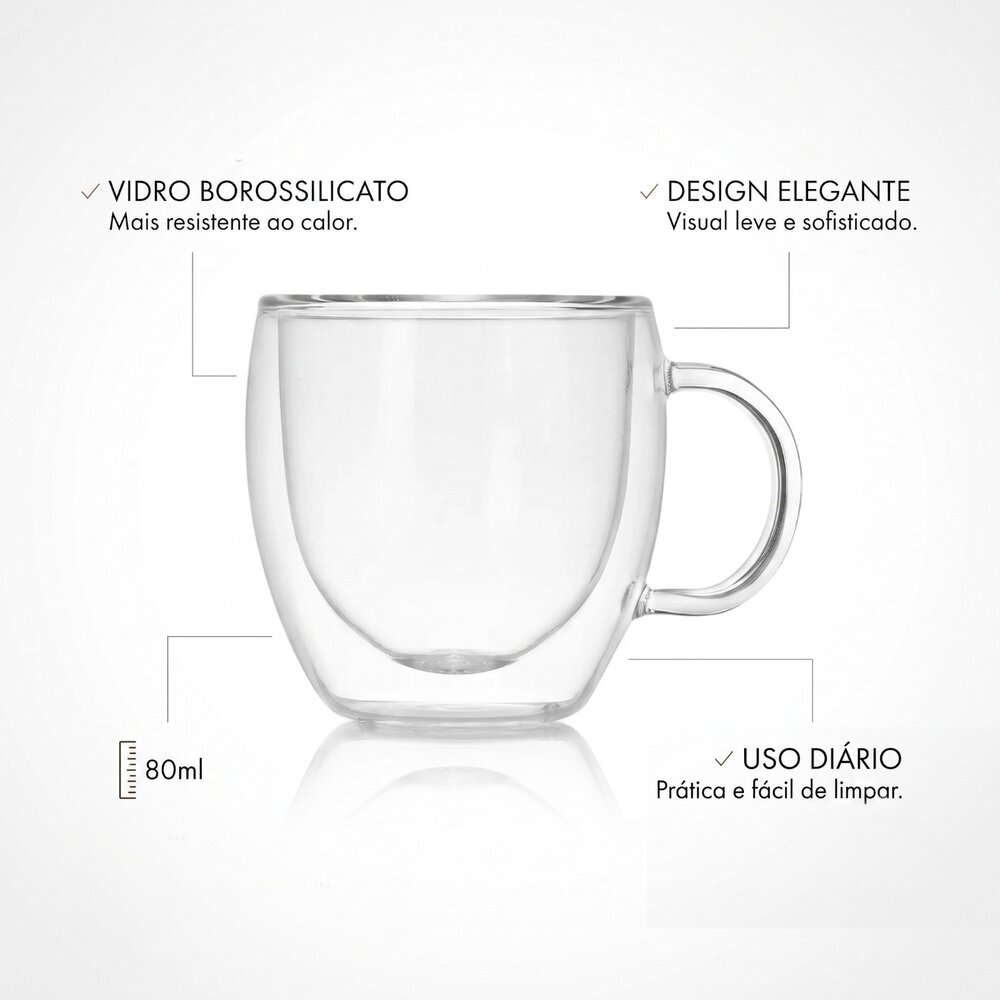 Xícara 80ml Vidro Borossilicato Linha Elegance Café Chá