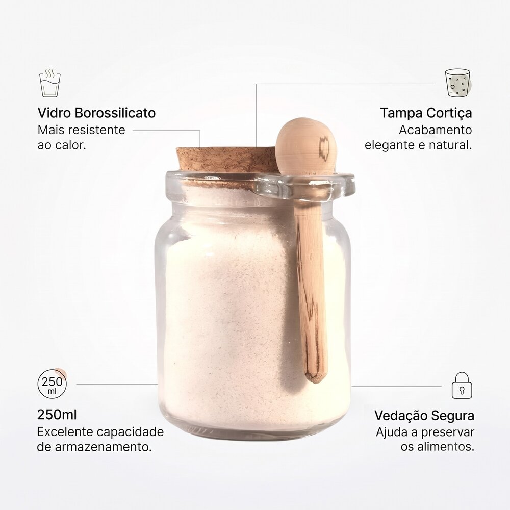 Porta Tempero Vidro c/ Colher 250ml Borossilicato Tampa Cortiça