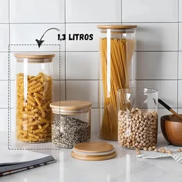 Pote Porta Tempero 1,3L Vidro Borossilicato Tampa de Bambu