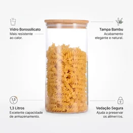 Pote Porta Tempero 1,3L Vidro Borossilicato Tampa de Bambu
