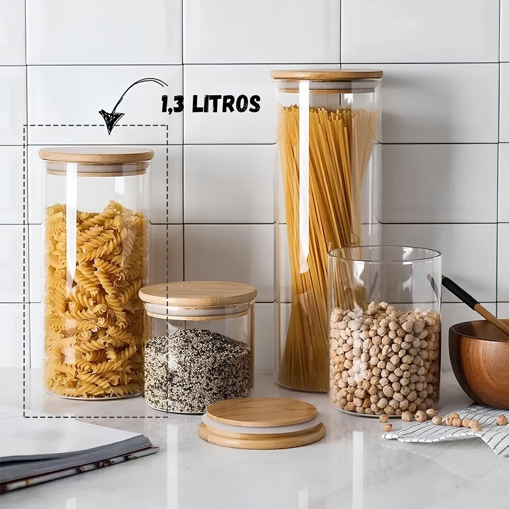 Pote Porta Tempero 1,3L Vidro Borossilicato Tampa de Bambu