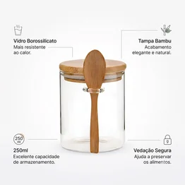 Porta Tempero Vidro c/ Colher 250ml Borossilicato Tampa Bambu