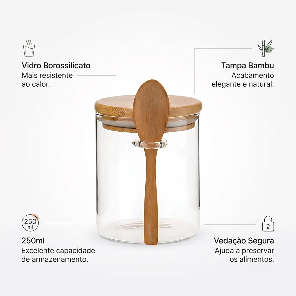Porta Tempero Vidro c/ Colher 250ml Borossilicato Tampa Bambu