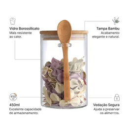 Porta Tempero Vidro c/ Colher 450ml Borossilicato Tampa Bambu
