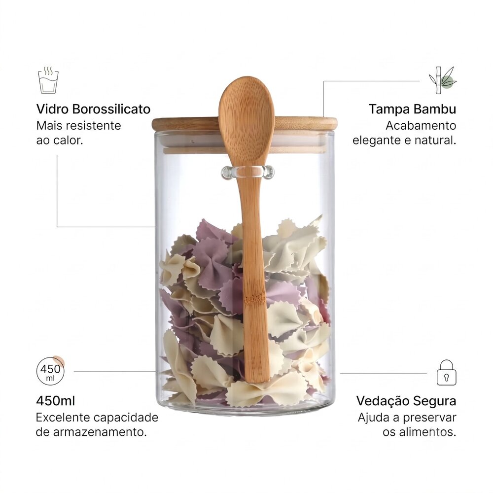 Porta Tempero Vidro c/ Colher 450ml Borossilicato Tampa Bambu