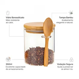 Porta Tempero Vidro c/ Colher 550ml Borossilicato Tampa Bambu