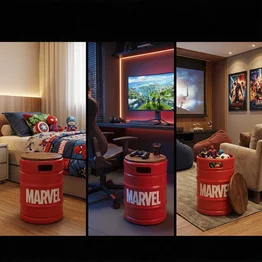 Banco Barril Marvel Vermelho Tampo de Madeira