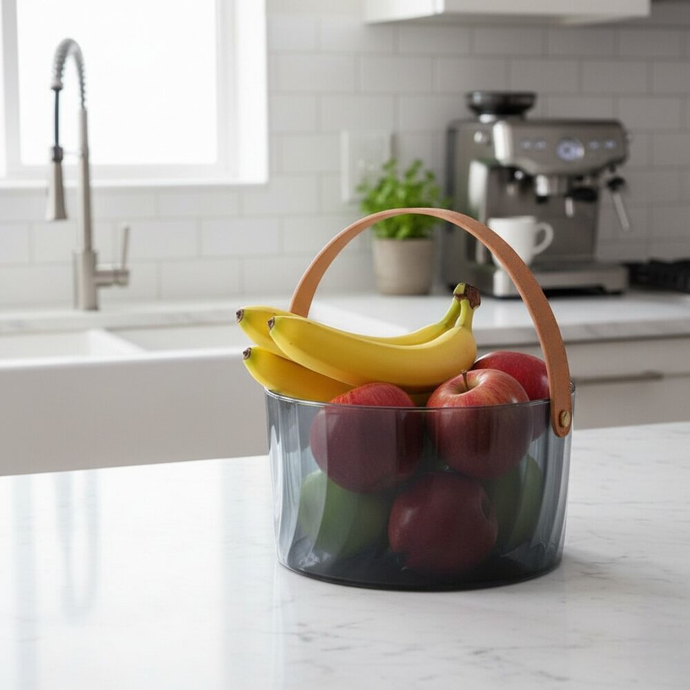 Fruteira de Mesa em Acrilico Alça de Couro Cesto de Frutas Premium